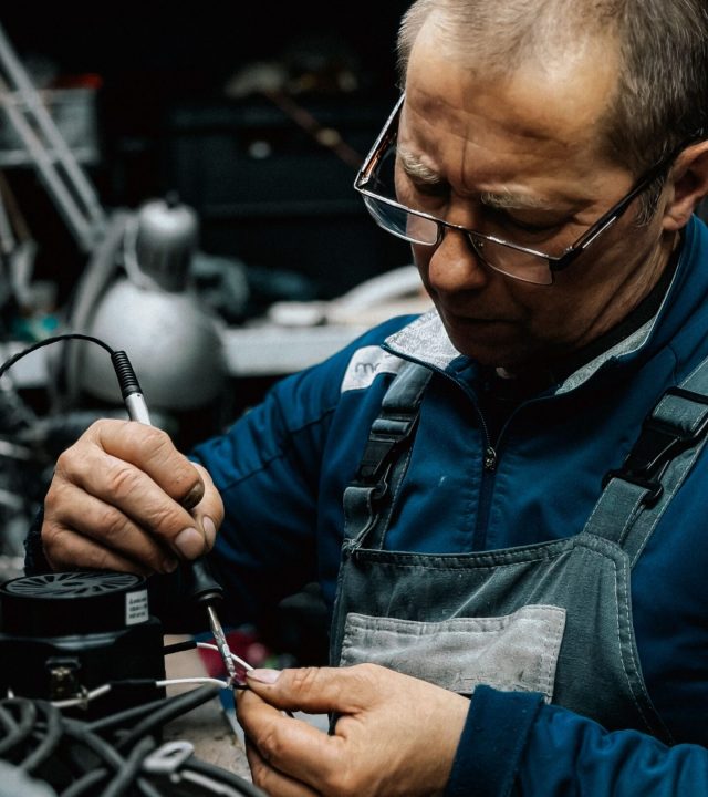 A focused technician in a workshop repairs machinery parts, showcasing precision and expertise.